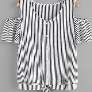 Boutique cold shoulder striped tie top